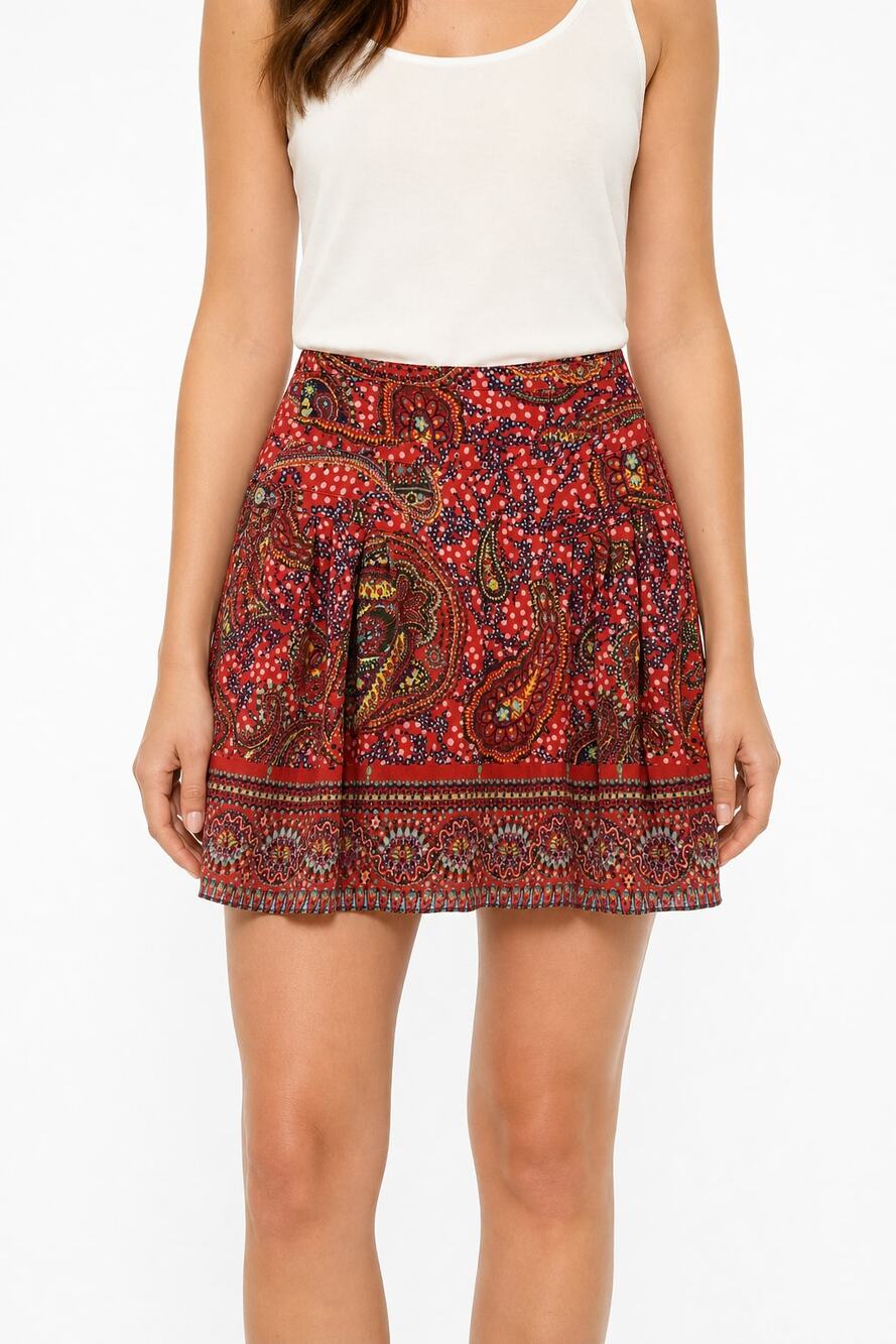 Cacharel 100% Silk Paisley Pleated Mini Skirt Red Multicolor Size 4 Boho Indie